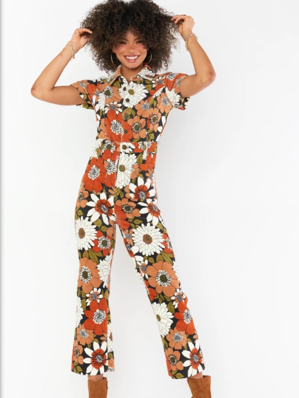 Show Me Your MuMu Floral Collared Cropped Jumpsuit - Orange & White